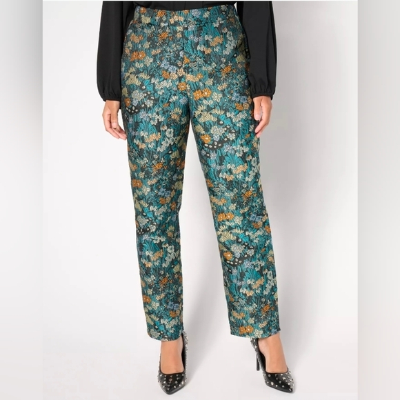 Stacy London Floral Brocade Pants Teal Multi 14 - Picture 2 of 4